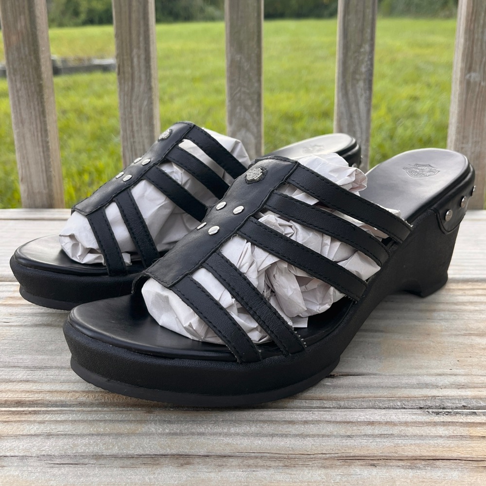 Harley Davidson Wedge Sandals Womens 10 Black Leather Studded Strappy D82432